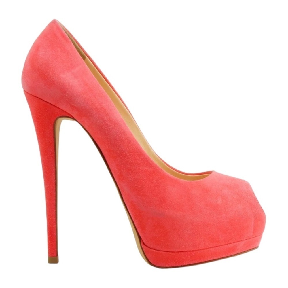 Giuseppe Zanotti Coral Pink Suede Sharon Peep Toe Platform Pumps Size 38.5